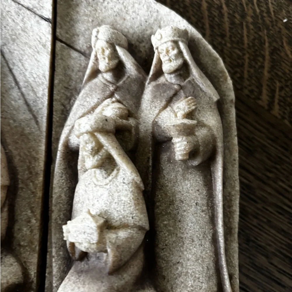 Heavy Stone Look Beige Nativity Scene •‎ Rustic Holiday Décor Set Three Piece